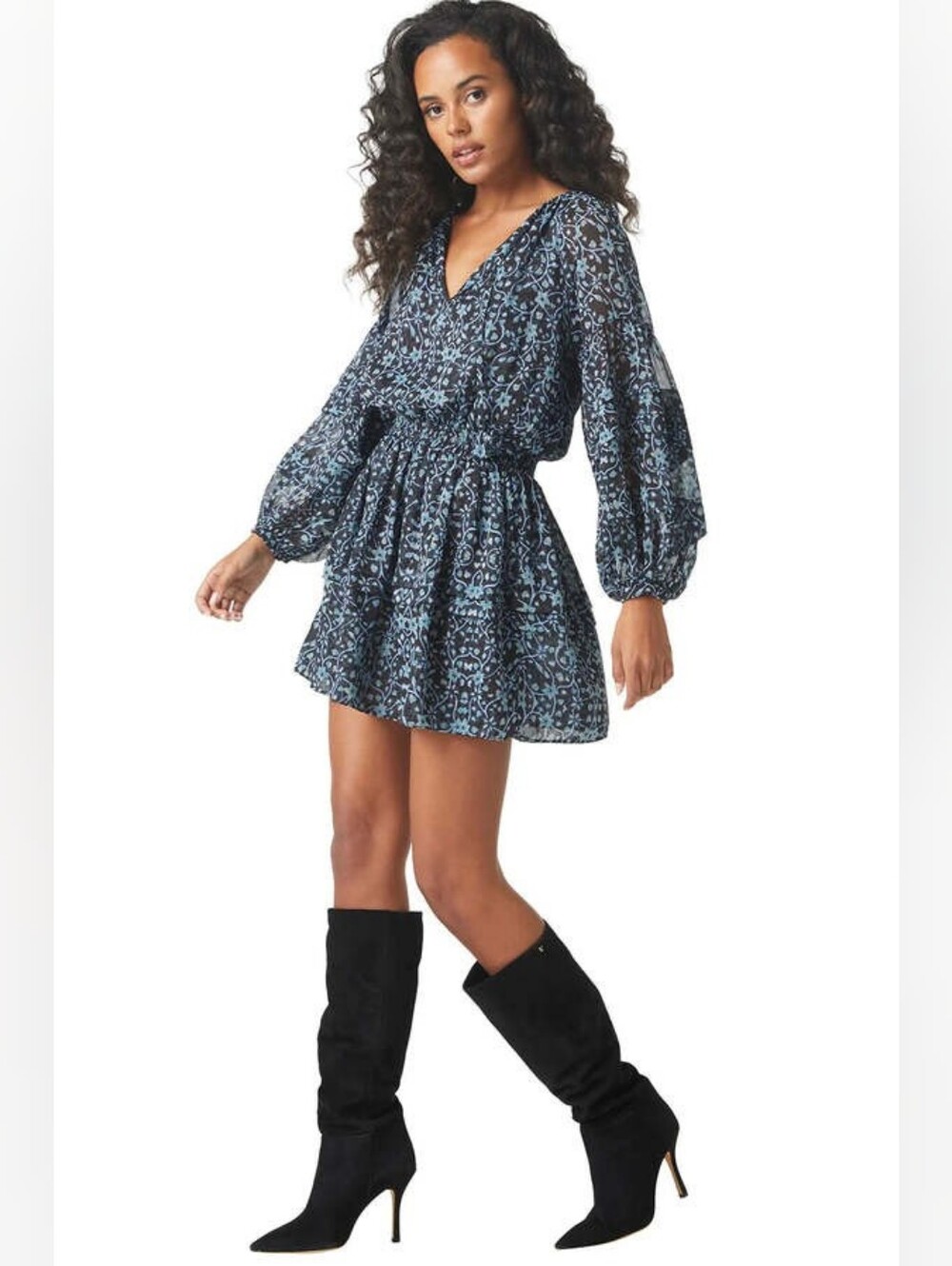 Misa Los Angeles Karlina Blue Floral V-Neck Mini Dress Size XS NWT